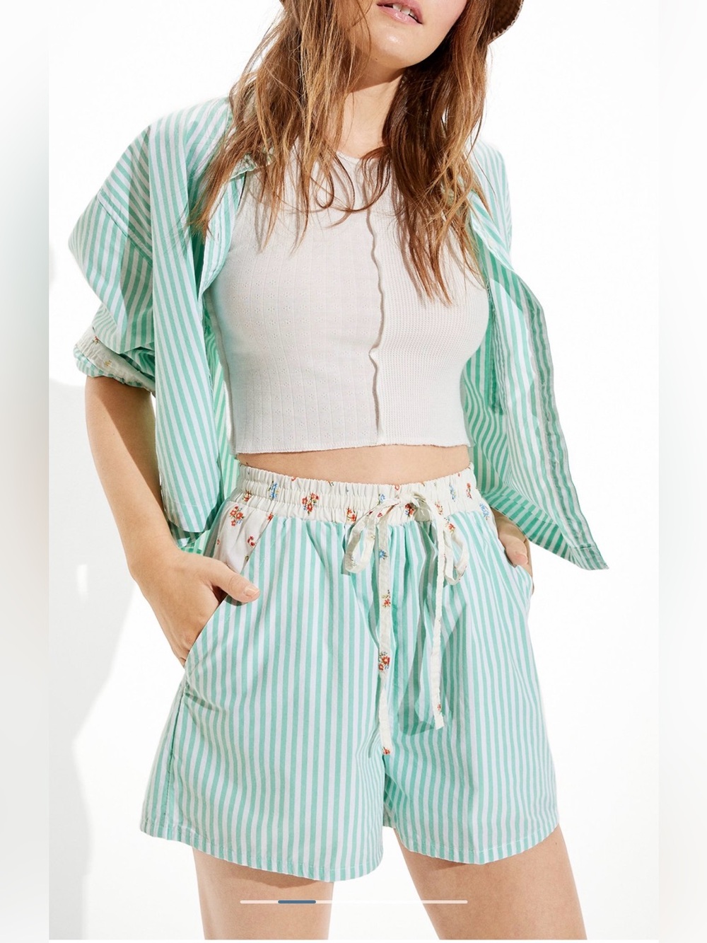 Aerie Striped Pastel Green Floral 100% Cotton Lounge Clubhouse Boxer Shorts